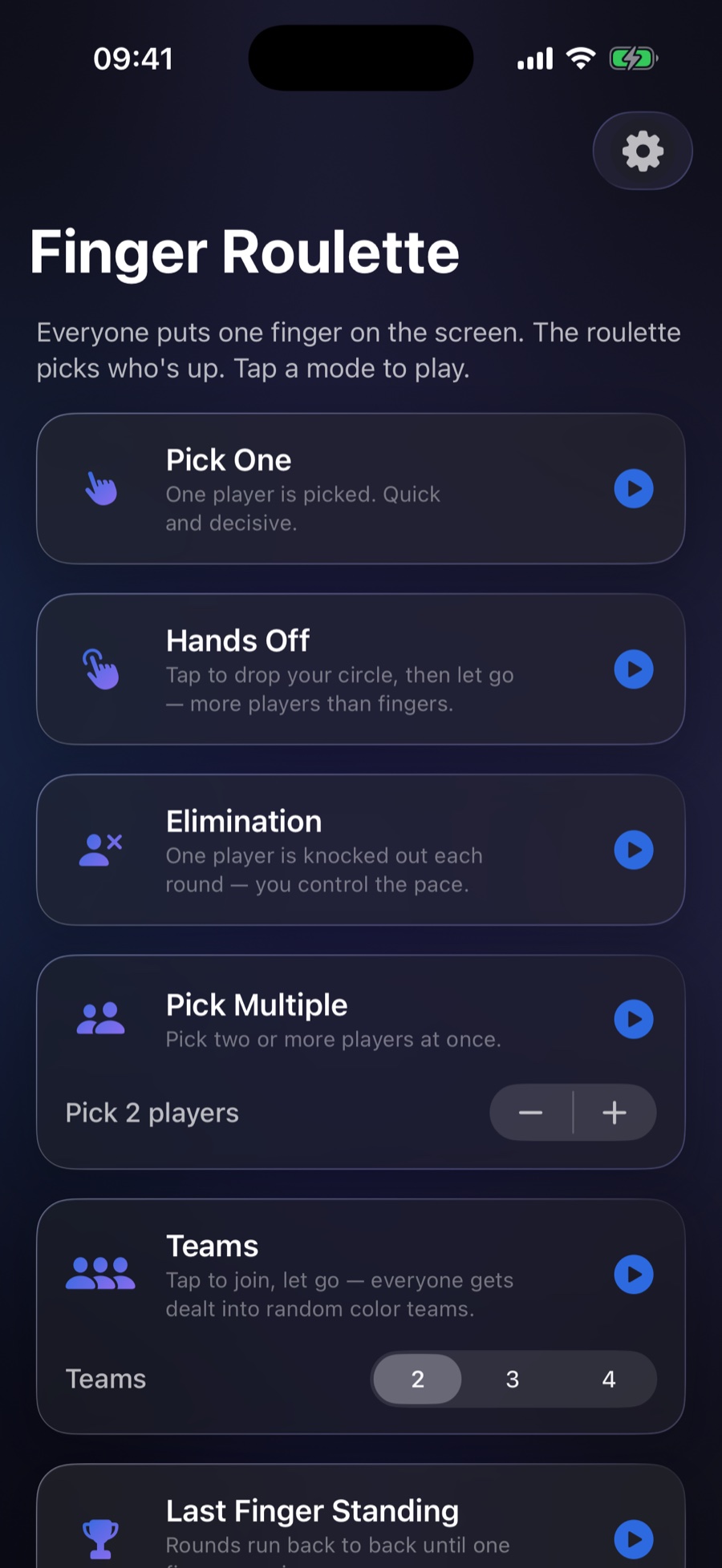 Home menu with six game mode cards