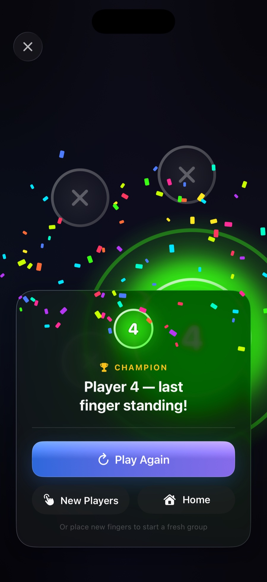 Champion result card: Player 4, last finger standing