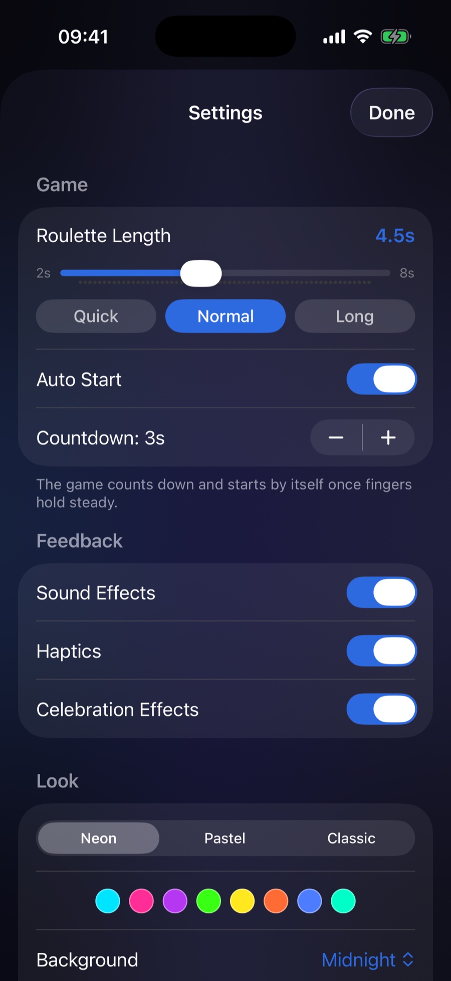 Settings: roulette length, auto start, feedback toggles, palettes