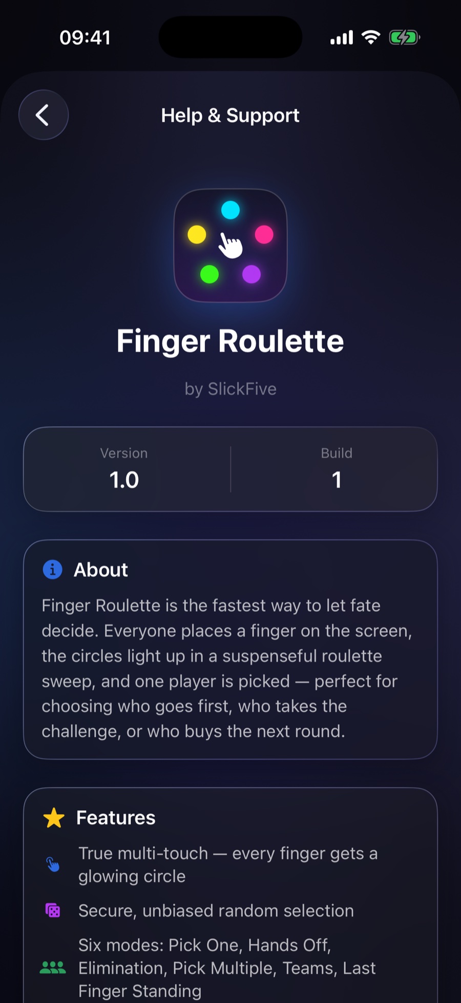 About screen: version, description and features